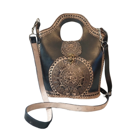 Handbags - Hand Tooled Aztec Calendar Black and Tan Crossbody Hand Bag